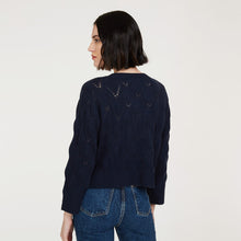 Load image into Gallery viewer, Leaf Pointelle Cropped Boxy Crew in Navy Blue by Autumn Cashmere. Women&#39;s Lightweight Cashmere Sweater. Pure Cashmere