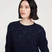 Load image into Gallery viewer, Leaf Pointelle Cropped Boxy Crew in Navy Blue by Autumn Cashmere. Women&#39;s Lightweight Cashmere Sweater. Pure Cashmere