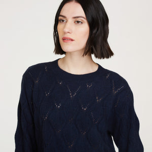 Leaf Pointelle Cropped Boxy Crew in Navy Blue by Autumn Cashmere. Women's Lightweight Cashmere Sweater. Pure Cashmere