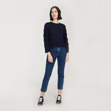 Load image into Gallery viewer, Leaf Pointelle Cropped Boxy Crew in Navy Blue by Autumn Cashmere. Women&#39;s Lightweight Cashmere Sweater. Pure Cashmere