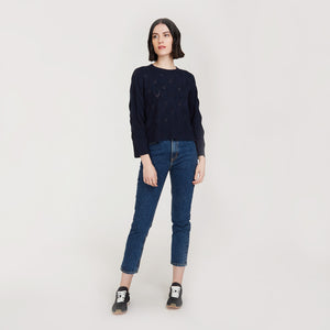 Leaf Pointelle Cropped Boxy Crew in Navy Blue by Autumn Cashmere. Women's Lightweight Cashmere Sweater. Pure Cashmere