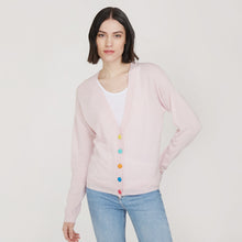 Load image into Gallery viewer, Women’s V-neck Cardigan with multicolored button in Chery Blossom Combo by Autumn Cashmere