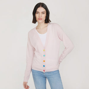 Women’s V-neck Cardigan with multicolored button in Chery Blossom Combo by Autumn Cashmere
