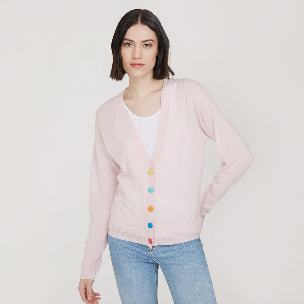 Women’s V-neck Cardigan with multicolored button in Chery Blossom Combo by Autumn Cashmere