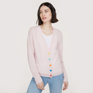 Women’s V-neck Cardigan with multicolored button in Chery Blossom Combo by Autumn Cashmere
