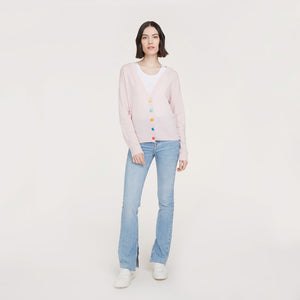 Women’s V-neck Cardigan with multicolored button in Chery Blossom Combo by Autumn Cashmere