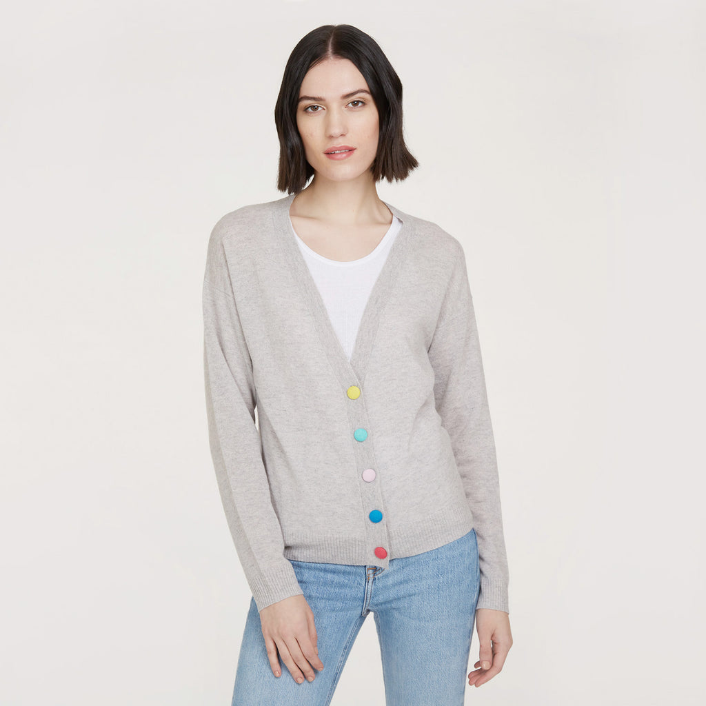 Women’s V-neck Cardigan with multicolored button in Fog Combo by Autumn Cashmere