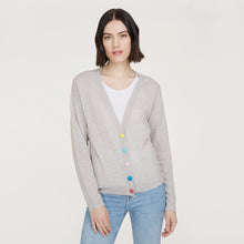 Load image into Gallery viewer, Women’s V-neck Cardigan with multicolored button in Fog Combo by Autumn Cashmere