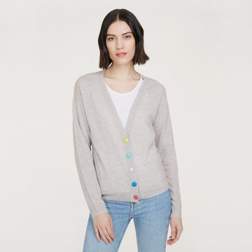 Women’s V-neck Cardigan with multicolored button in Fog Combo by Autumn Cashmere