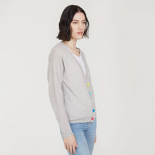 Load image into Gallery viewer, Women’s V-neck Cardigan with multicolored button in Fog Combo by Autumn Cashmere