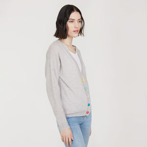 Women’s V-neck Cardigan with multicolored button in Fog Combo by Autumn Cashmere