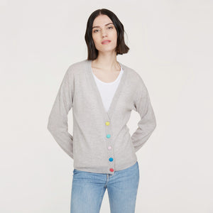 Women’s V-neck Cardigan with multicolored button in Fog Combo by Autumn Cashmere