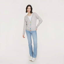 Load image into Gallery viewer, Women’s V-neck Cardigan with multicolored button in Fog Combo by Autumn Cashmere