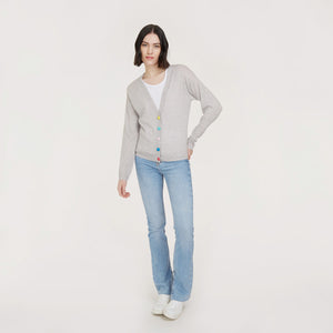 Women’s V-neck Cardigan with multicolored button in Fog Combo by Autumn Cashmere