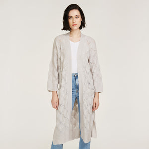  Leaf Pointelle Open Cardigan in Birch Gray by Autumn Cashmere. Women's Cashmere Cardigan