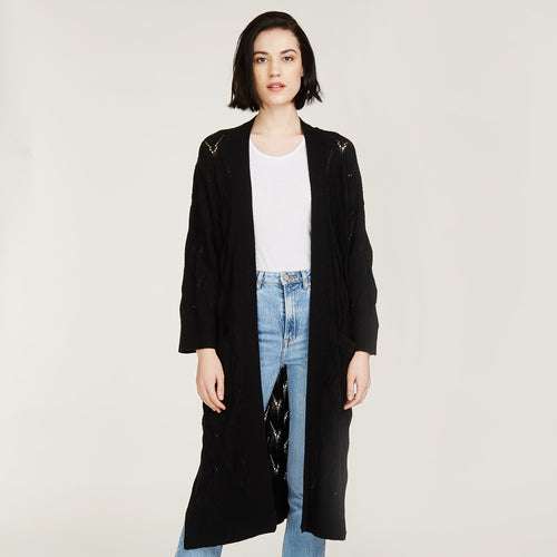Leaf Pointelle Open Cardigan in Black by Autumn Cashmere. Women's Cashmere Cardigan