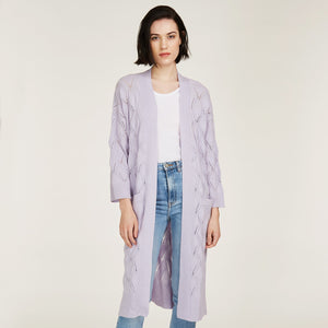 Leaf Pointelle Open Cardigan in Horizon Purple by Autumn Cashmere. Women's Cashmere Cardigan