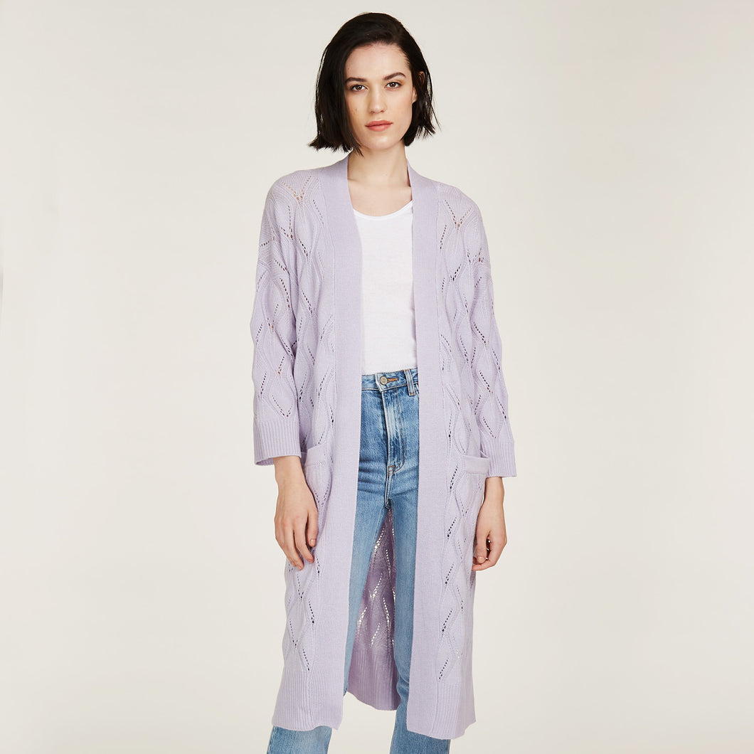 Leaf Pointelle Open Cardigan in Horizon Purple by Autumn Cashmere. Women's Cashmere Cardigan