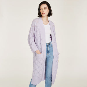 Leaf Pointelle Open Cardigan in Horizon Purple by Autumn Cashmere. Women's Cashmere Cardigan