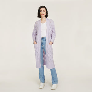 Leaf Pointelle Open Cardigan in Horizon Purple by Autumn Cashmere. Women's Cashmere Cardigan
