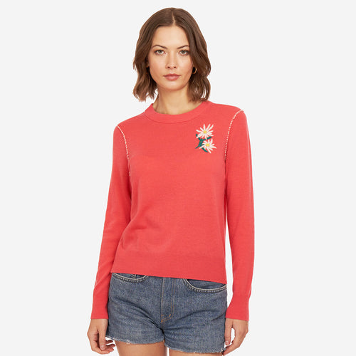 Women's Daisy Embroidered Crew in Hibiscus Combo by Autumn Cashmere. 100% Cashmere.