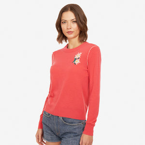 Women's Daisy Embroidered Crew in Hibiscus Combo by Autumn Cashmere. 100% Cashmere.