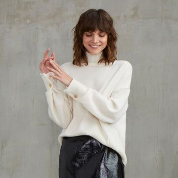 Boxy Mock with Button Sleeves in Chalk | Autumn Cashmere