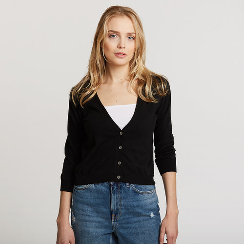Women's ¾ Sleeve V-neck Baby Cardigan in Black by Autumn Cashmere