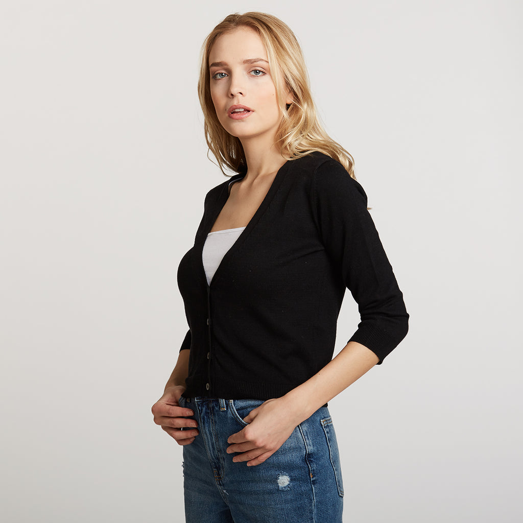 Women's ¾ Sleeve V-neck Baby Cardigan in Black by Autumn Cashmere