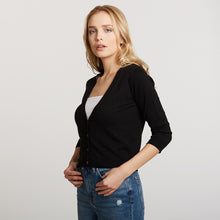 Load image into Gallery viewer, Women&#39;s ¾ Sleeve V-neck Baby Cardigan in Black by Autumn Cashmere