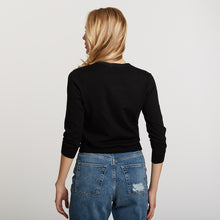Load image into Gallery viewer, Women&#39;s ¾ Sleeve V-neck Baby Cardigan in Black by Autumn Cashmere