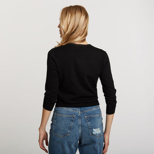 Women's ¾ Sleeve V-neck Baby Cardigan in Black by Autumn Cashmere