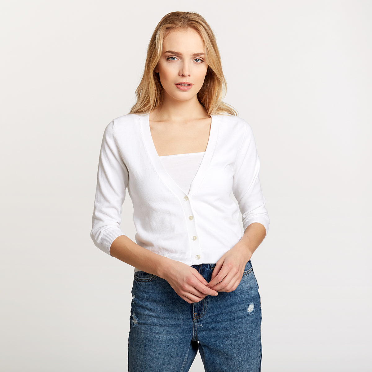 White v neck cardigan cheap